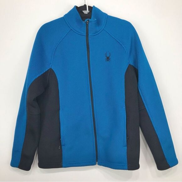 Spyder Blue Black Fleece Lined Stretch Knit Performance Zip Up Jacket - Picture 1 of 16